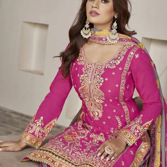 Designer Premium Chinnon Silk Rani Pink Punjabi Style Dhoti Salwar Suit - Picture 3 of 4